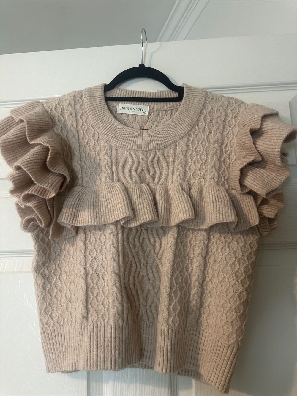 Pantsstore Cream Ruffle Cable-Knit Scoop Neck Sweater